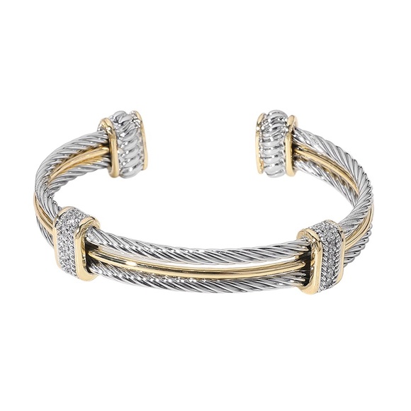 1️⃣5️⃣Two Tone Metal Rope Cable Cuff Bracelet With Pave Crystals - Picture 4 of 5